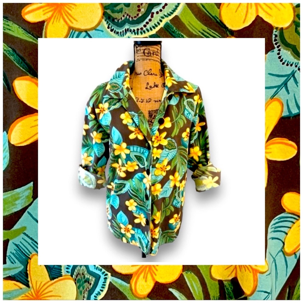 LIFESTYLE Unlined tropical print bead & sequin enhanced jacket in yellow/brn 2X